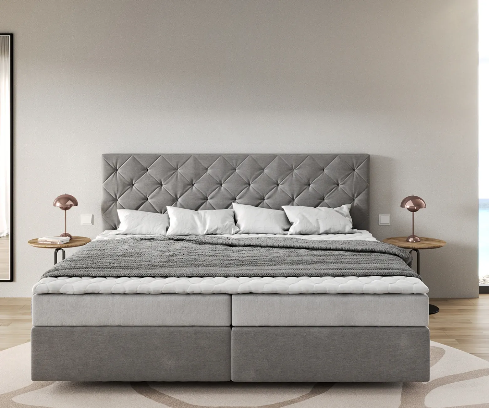 BoxspringbettDream-Great Mikrofaser Grau 200x200 cm Bonell-Matratze PU-Topper Sofort versandfertig