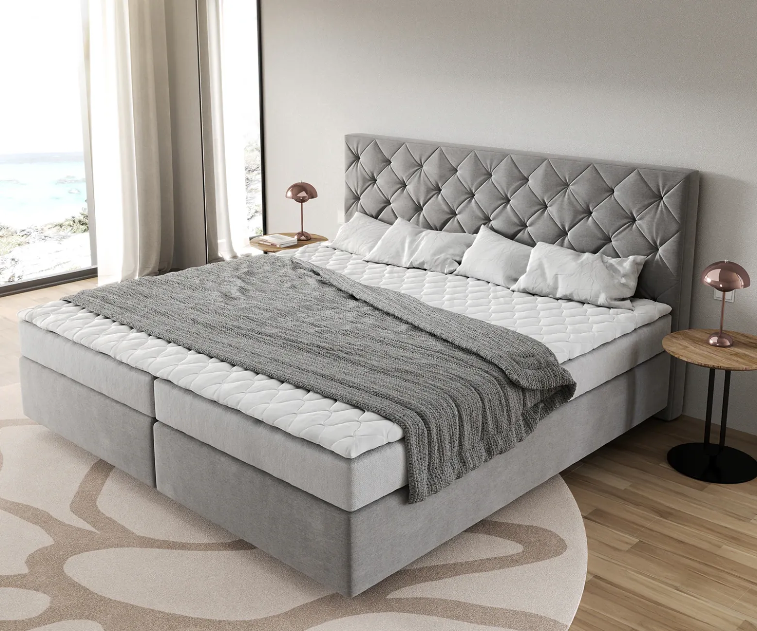 BoxspringbettDream-Great Mikrofaser Grau 200x200 cm Bonell-Matratze PU-Topper Sofort versandfertig