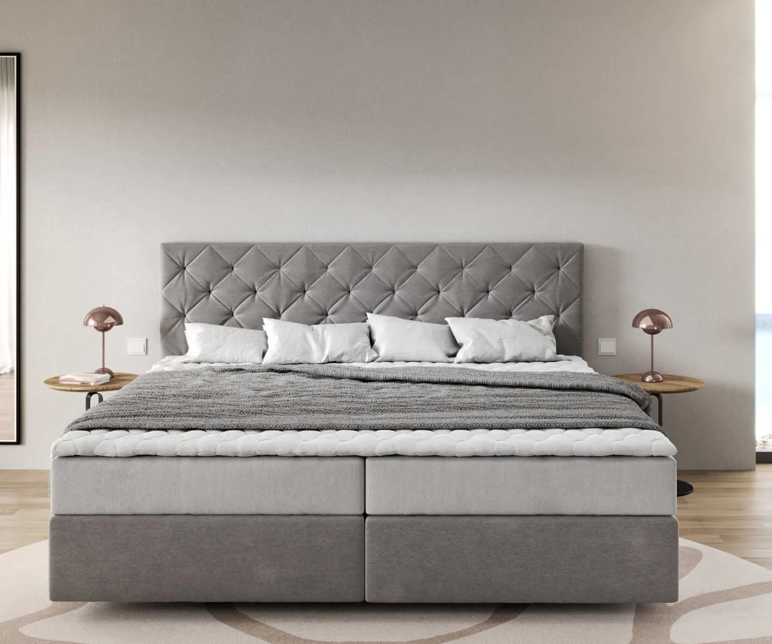 BoxspringbettDream-Great Mikrofaser Grau 200x200 cm mit Taschenfederkernmatratze und Topper Visco Sofort versandfertig