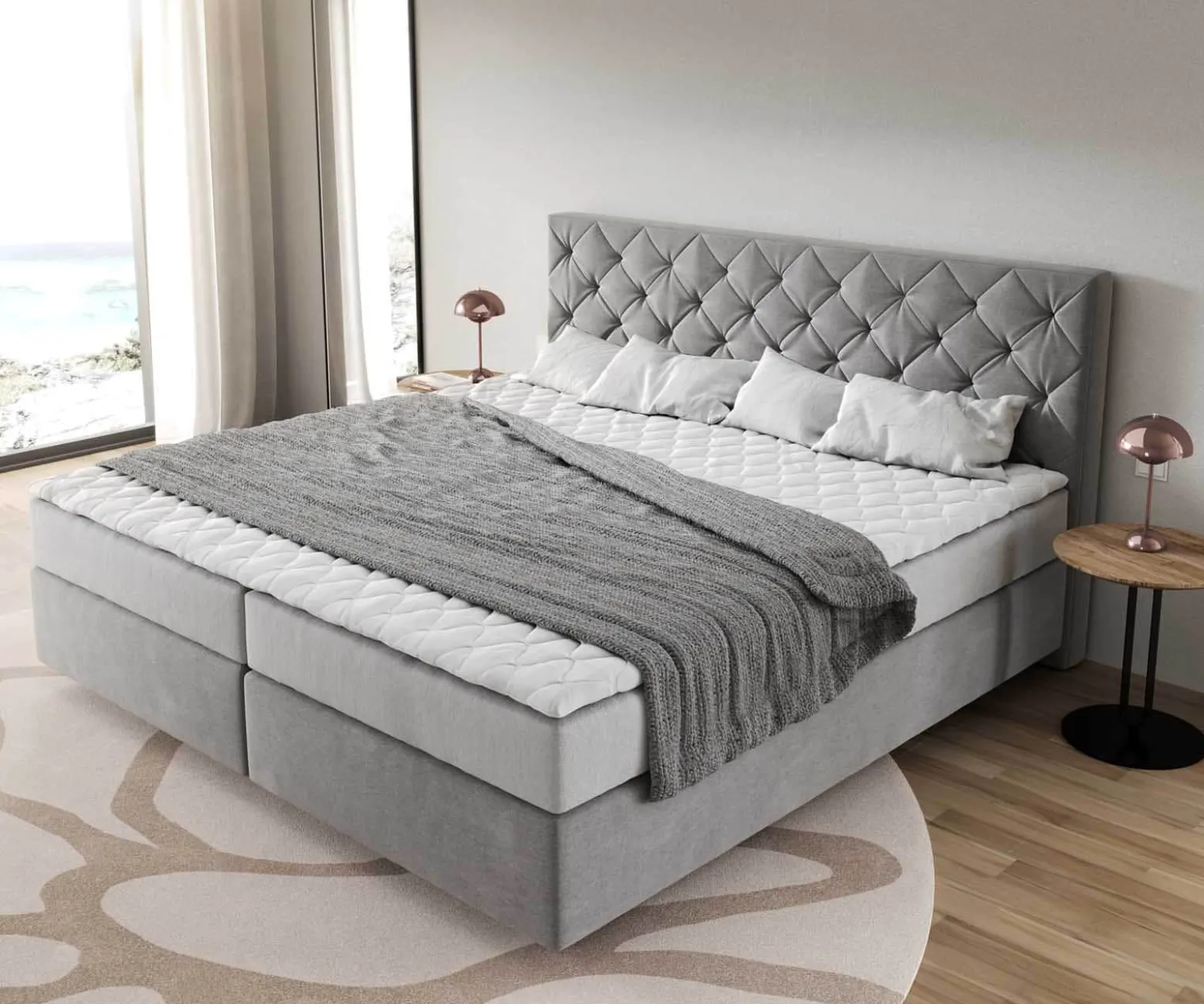 BoxspringbettDream-Great Mikrofaser Grau 200x200 cm mit Taschenfederkernmatratze und Topper Visco Sofort versandfertig