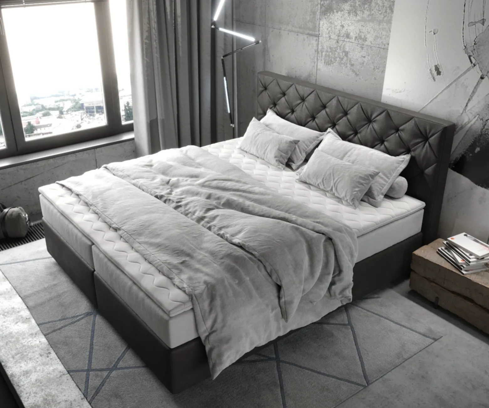 BoxspringbettDream-Great 180x200 cm Mikrofaser Anthrazit Vintage mit TFK Matratze und Visco Topper Sofort versandfertig