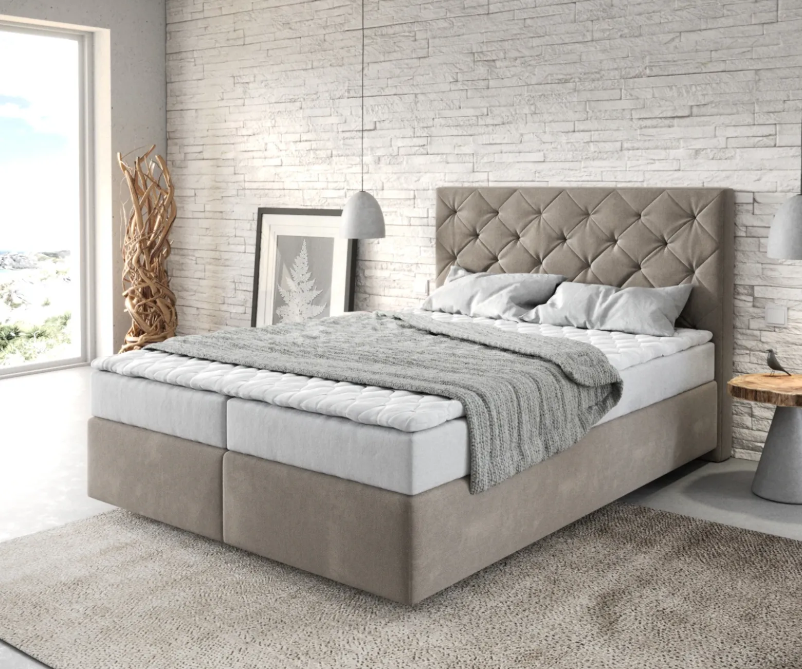 BoxspringbettDream-Great 140x200 cm Mikrofaser Beige mit Matratze und Topper Sofort versandfertig