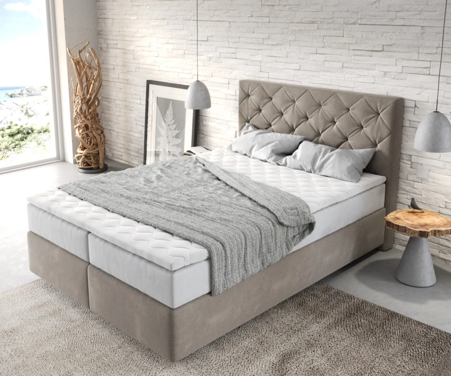 BoxspringbettDream-Great 140x200 cm Mikrofaser Beige mit TFK Matratze und Visco Topper Sofort versandfertig