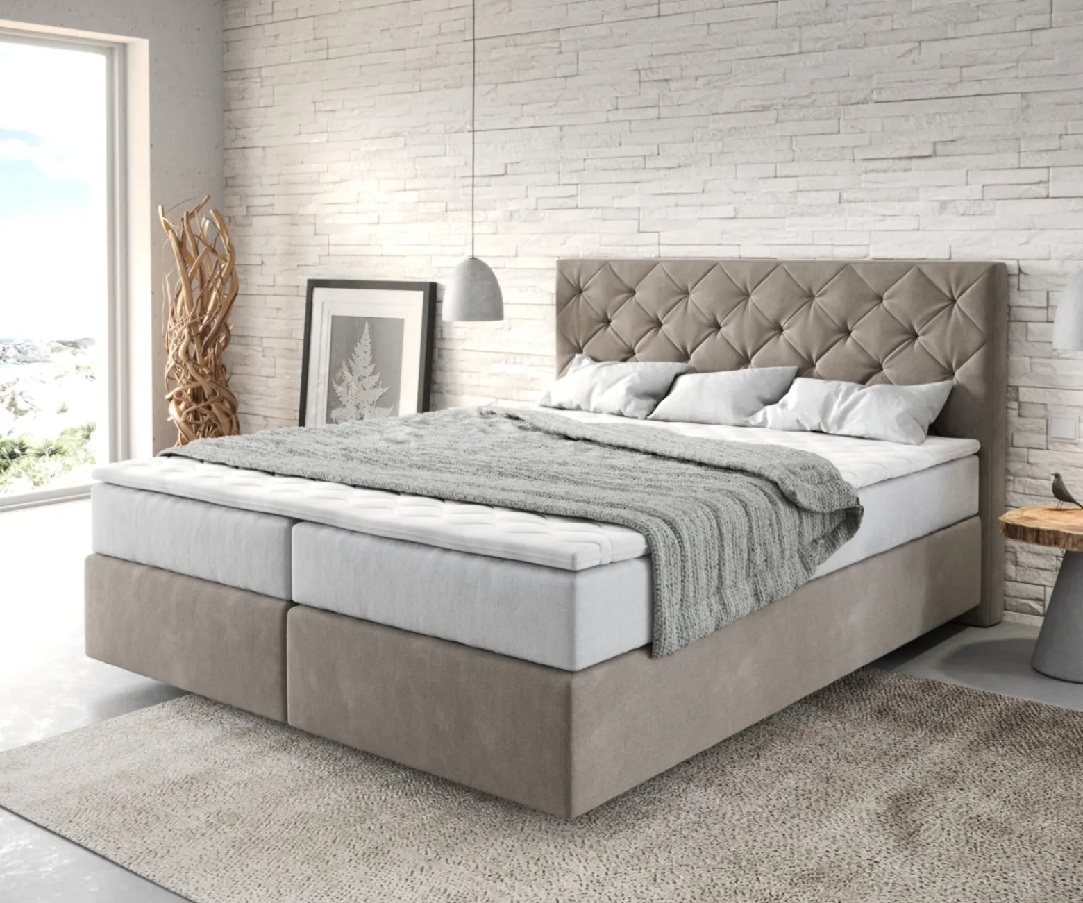BoxspringbettDream-Great 160x200 cm Mikrofaser Beige mit TFK Matratze und Visco Topper Sofort versandfertig