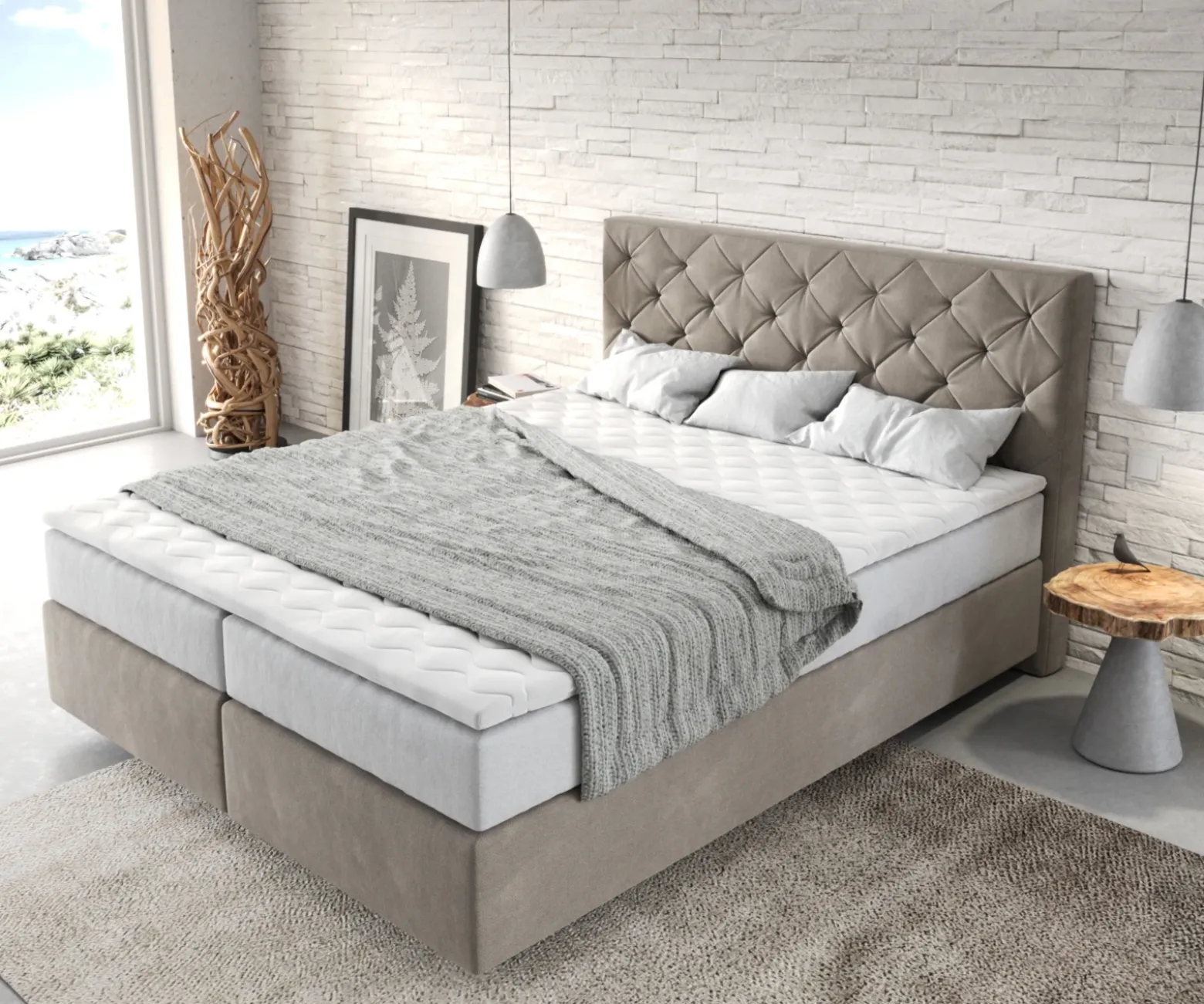 BoxspringbettDream-Great 160x200 cm Mikrofaser Beige mit TFK Matratze und Visco Topper Sofort versandfertig