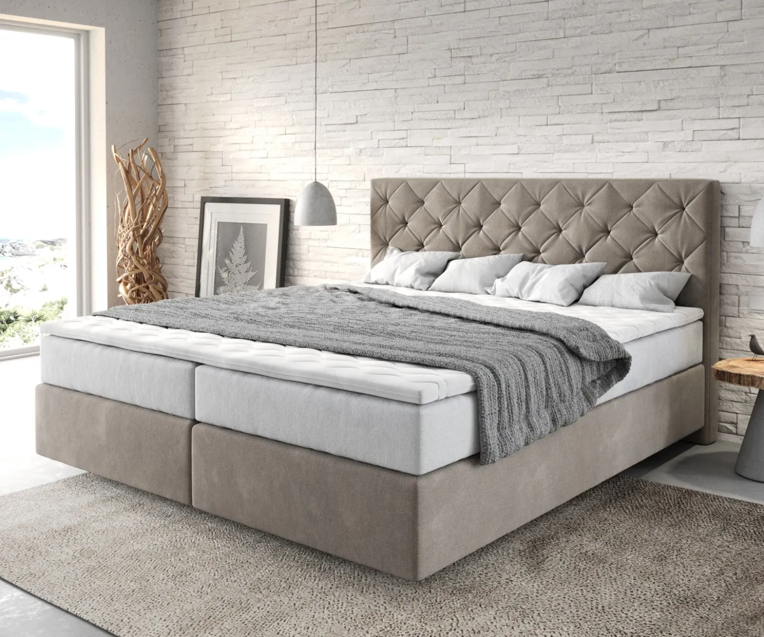 BoxspringbettDream-Great 180x200 cm Mikrofaser Beige mit TFK Matratze und Visco Topper Sofort versandfertig