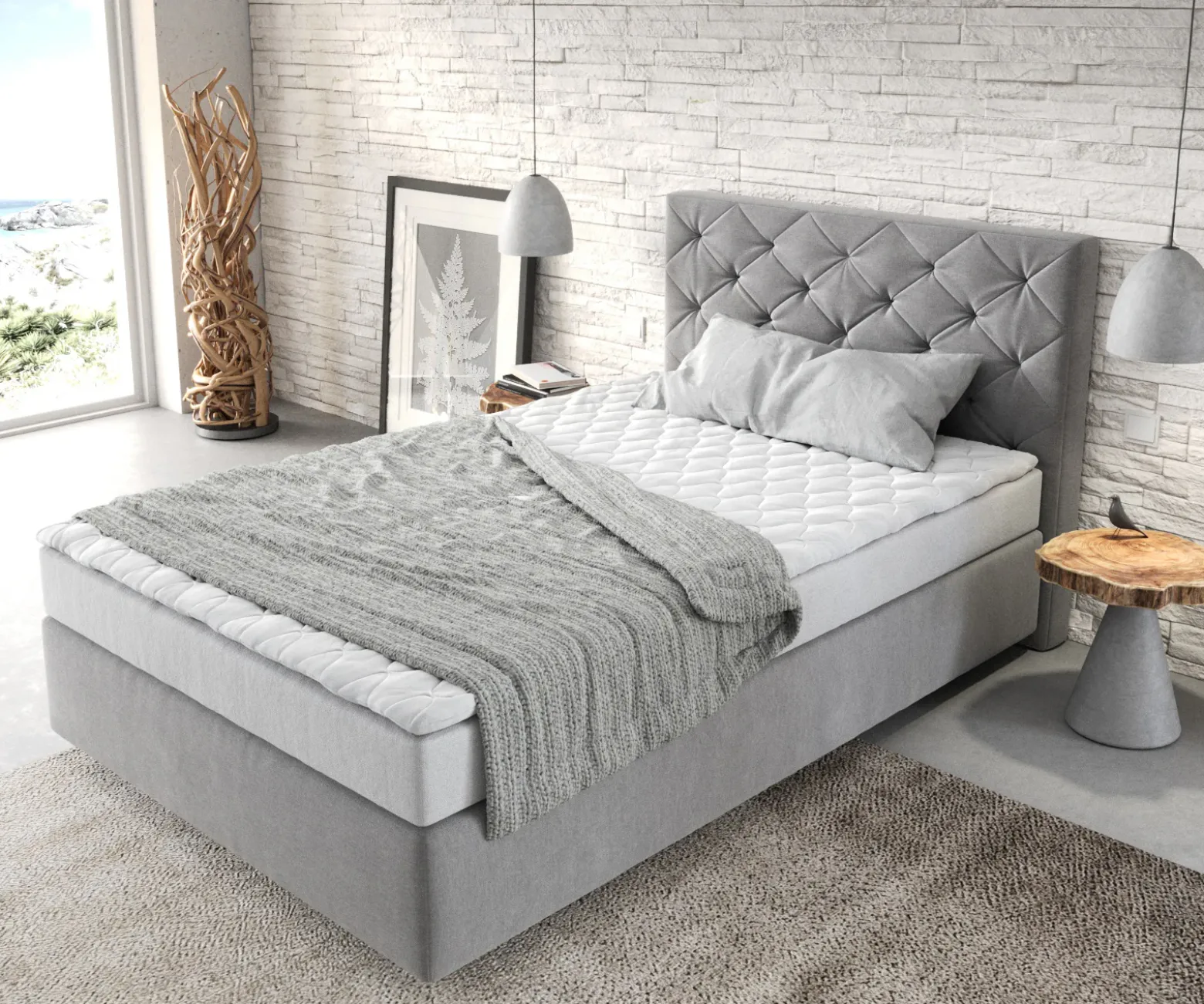 BoxspringbettDream-Great 120x200 cm Mikrofaser Grau mit Matratze und Topper Sofort versandfertig