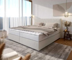 BoxspringbettDream-Well Bouclé Creme-Weiß 200x200 cm mit Taschenfederkernmatratze und Topper Visco Sofort versandfertig