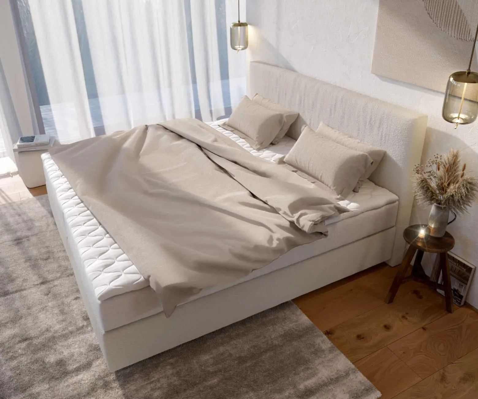 BoxspringbettDream-Well Bouclé Creme-Weiß 200x200 cm mit Taschenfederkernmatratze und Topper Visco Sofort versandfertig
