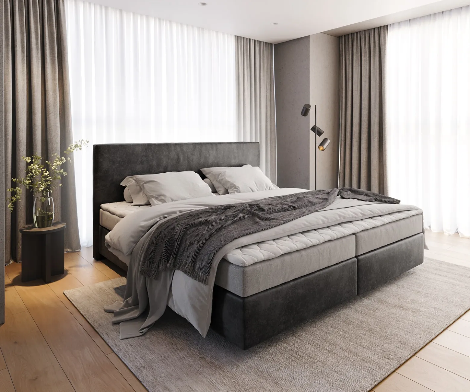 BoxspringbettDream-Well Mikrofaser Anthrazit Vintage 200x200 cm Bonell-Matratze PU-Topper Sofort versandfertig