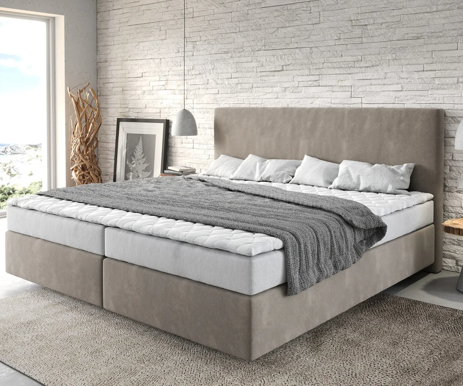 BoxspringbettDream-Well Mikrofaser Beige 200x200 cm Bonell-Matratze PU-Topper Sofort versandfertig