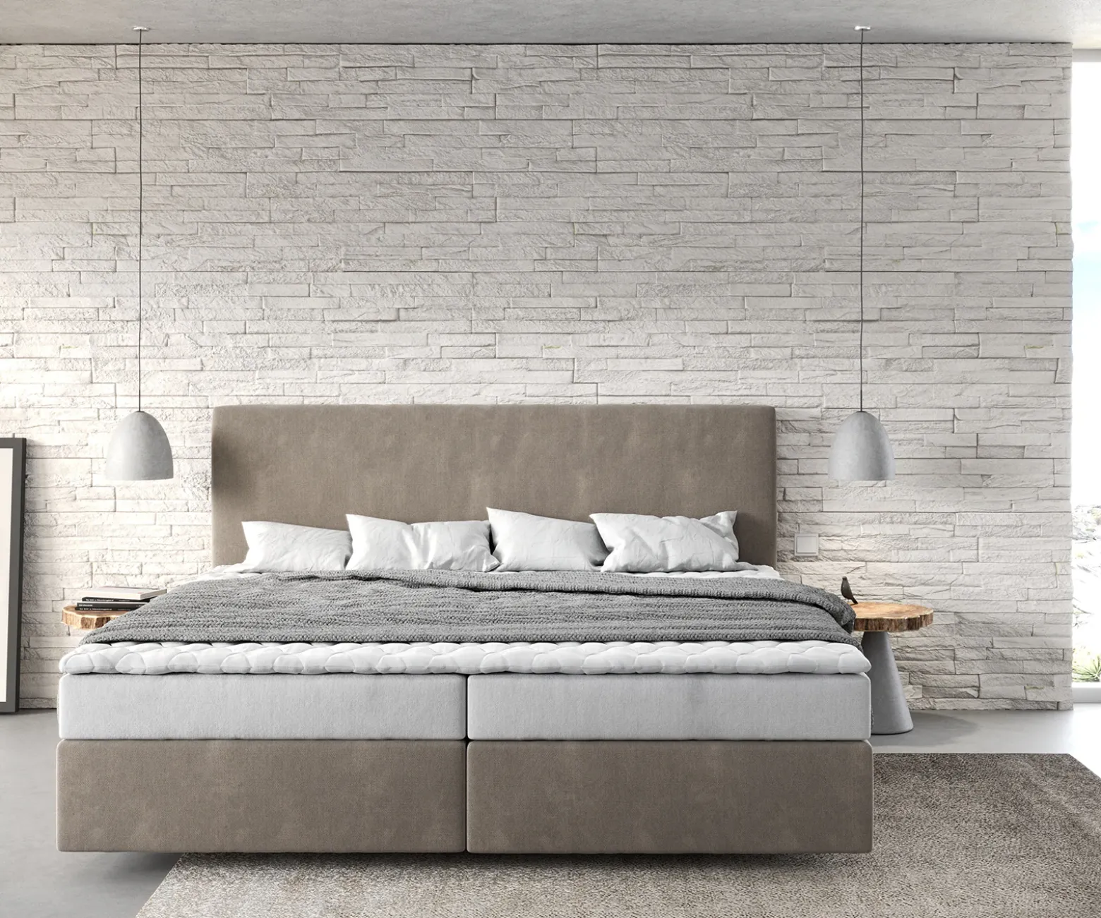 BoxspringbettDream-Well Mikrofaser Beige 200x200 cm Bonell-Matratze PU-Topper Sofort versandfertig