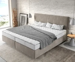 BoxspringbettDream-Well Mikrofaser Beige 200x200 cm Bonell-Matratze PU-Topper Sofort versandfertig