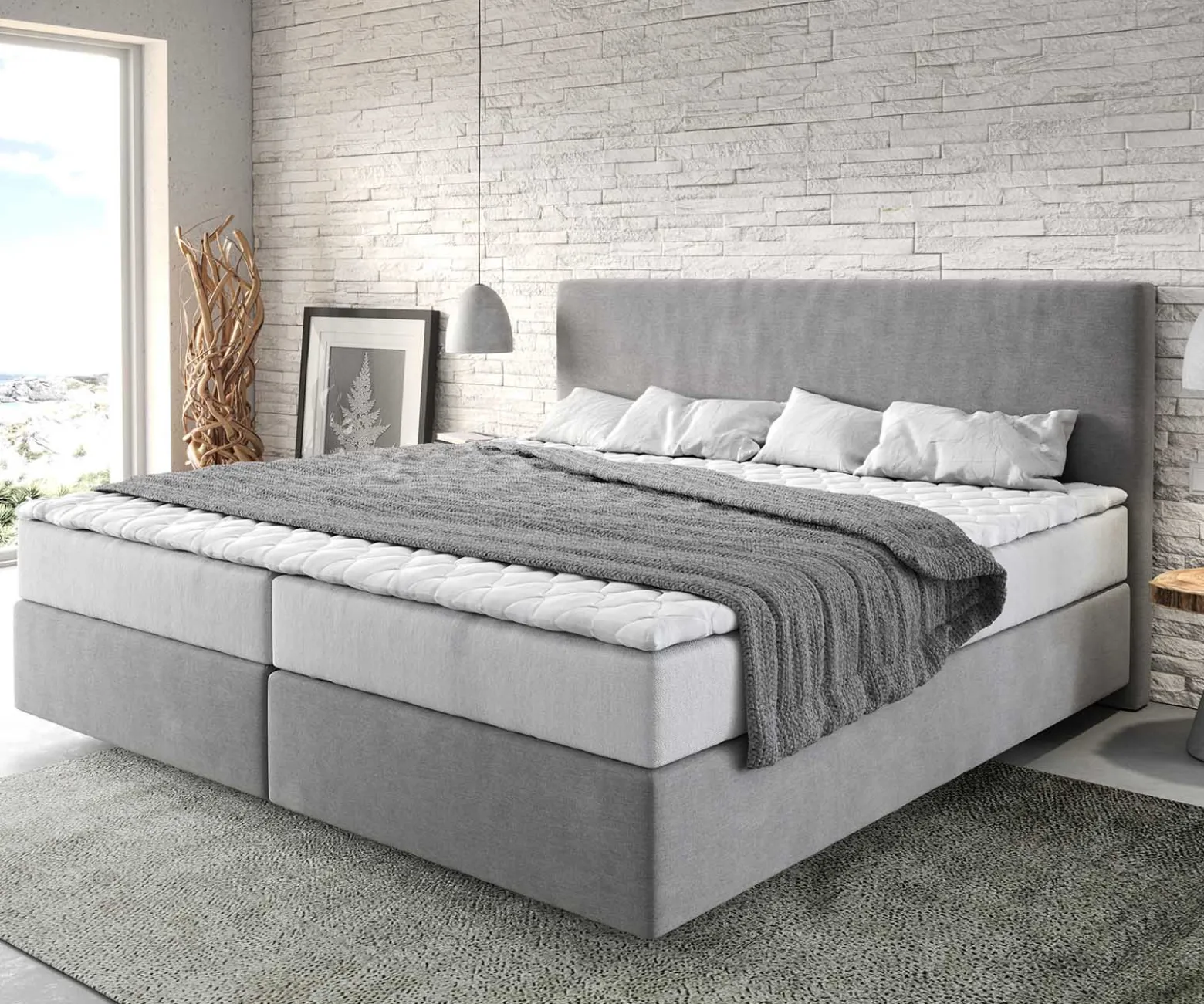 BoxspringbettDream-Well Mikrofaser Grau 200x200 cm mit Taschenfederkernmatratze und Topper Visco Sofort versandfertig