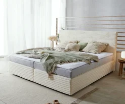 BoxspringbettDream-Well Plüsch-Cord Beige 200x200 cm Bonell-Matratze PU-Topper Sofort versandfertig