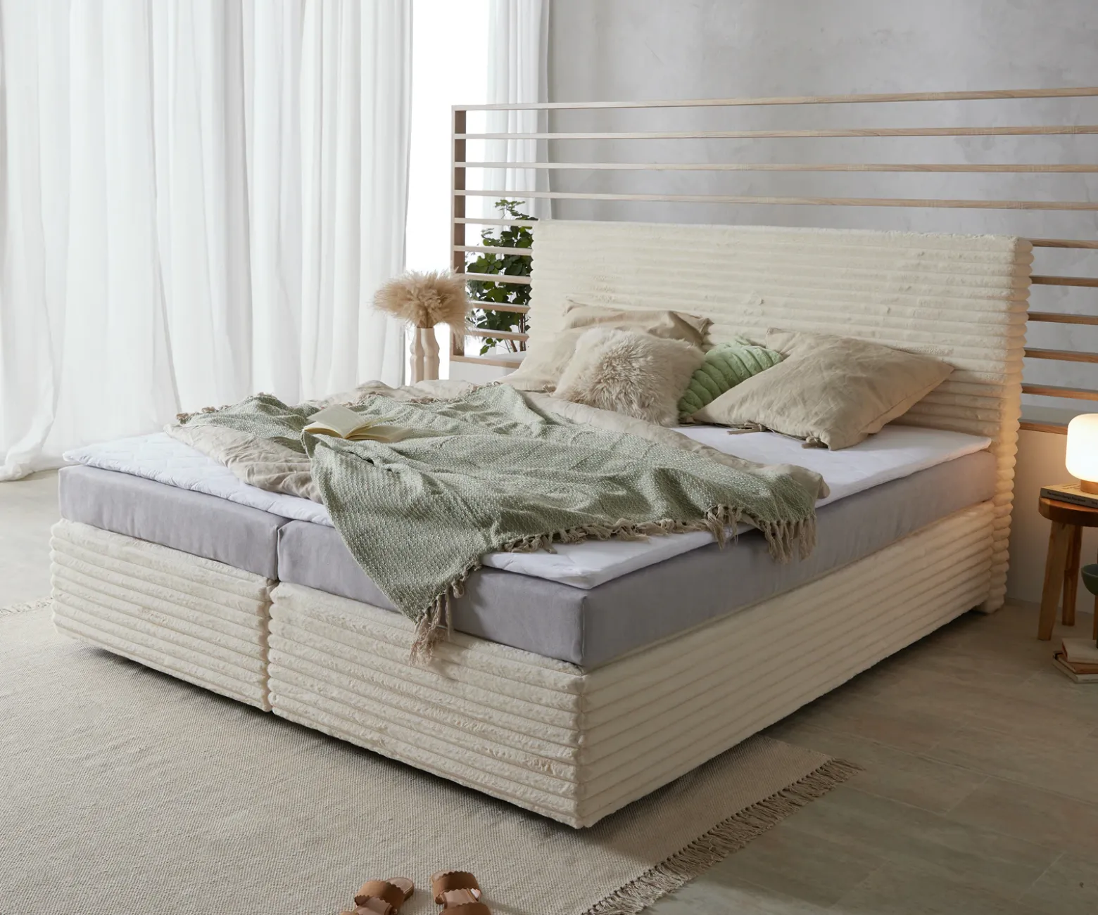 BoxspringbettDream-Well Plüsch-Cord Beige 180x200 cm Bonell-Matratze PU-Topper Sofort versandfertig