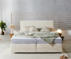 BoxspringbettDream-Well Plüsch-Cord Beige 180x200 cm Bonell-Matratze PU-Topper Sofort versandfertig