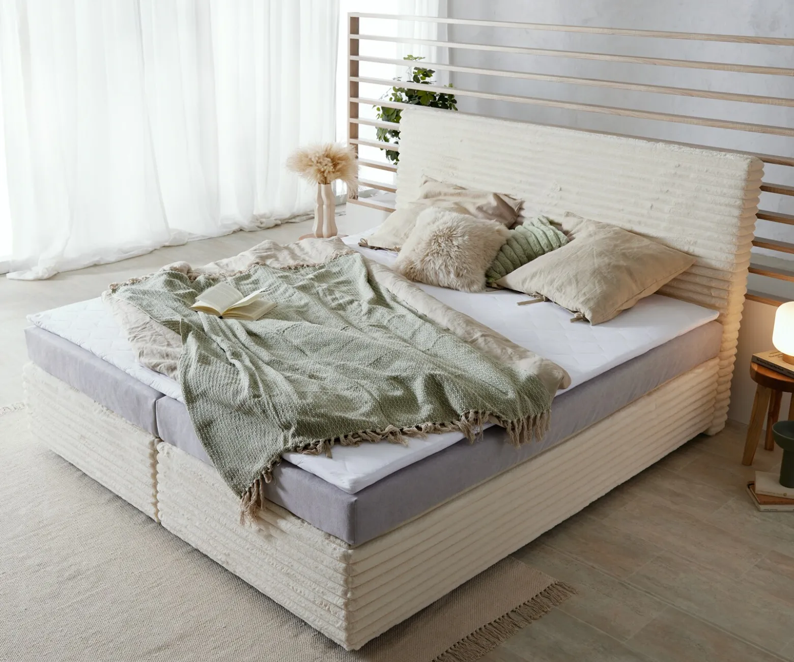 BoxspringbettDream-Well Plüsch-Cord Beige 180x200 cm Bonell-Matratze PU-Topper Sofort versandfertig