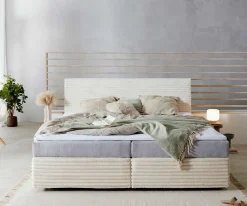 BoxspringbettDream-Well Plüsch-Cord Beige 200x200 cm mit Taschenfederkernmatratze und Topper Visco Sofort versandfertig
