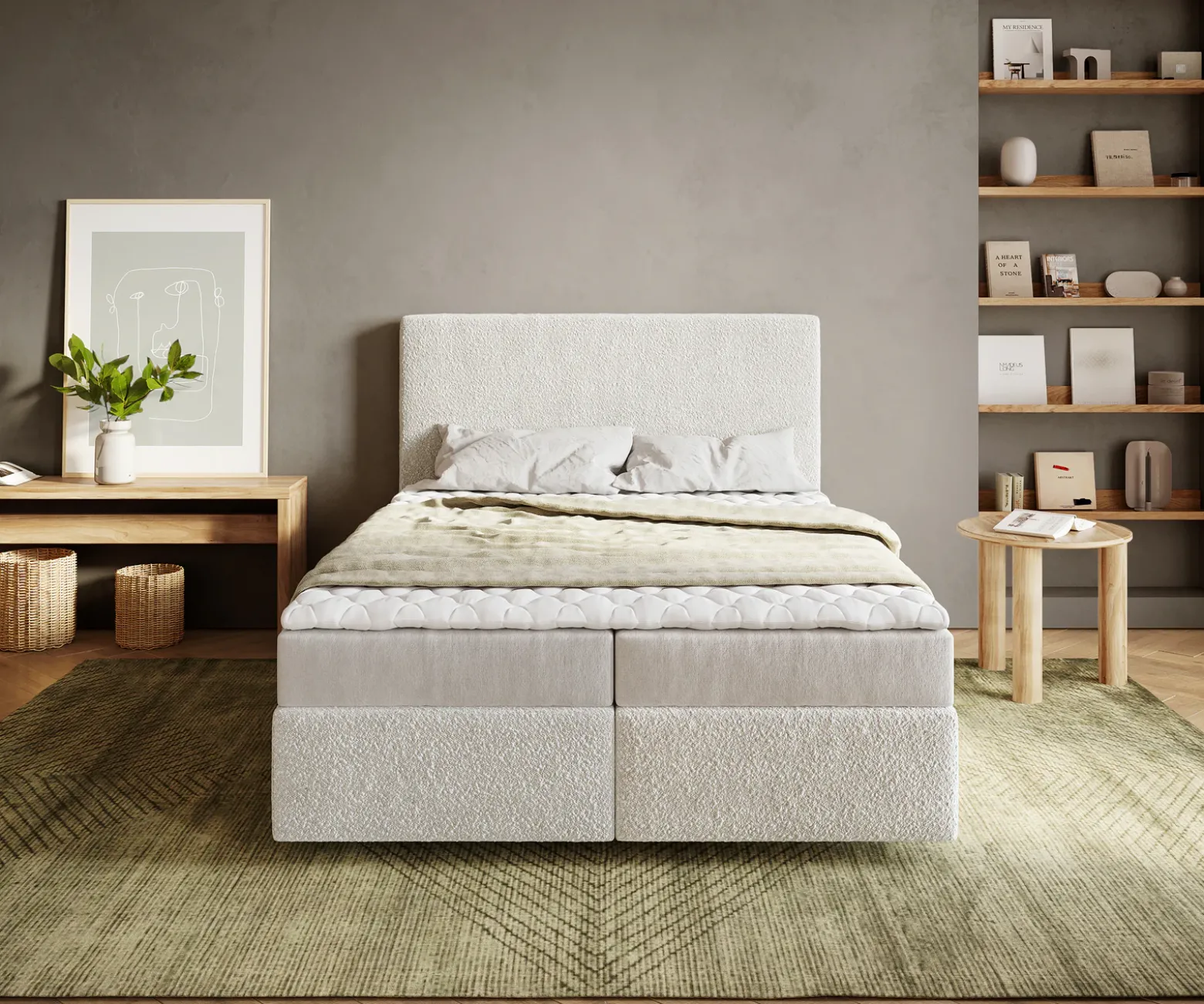 BoxspringbettDream-Well 140x200 cm Bouclé Creme-Weiß mit Matratze und Topper Sofort versandfertig