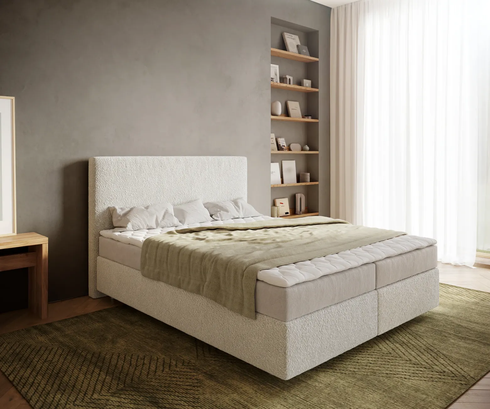 BoxspringbettDream-Well 160x200 cm Bouclé Creme-Weiß mit Matratze und Topper Sofort versandfertig