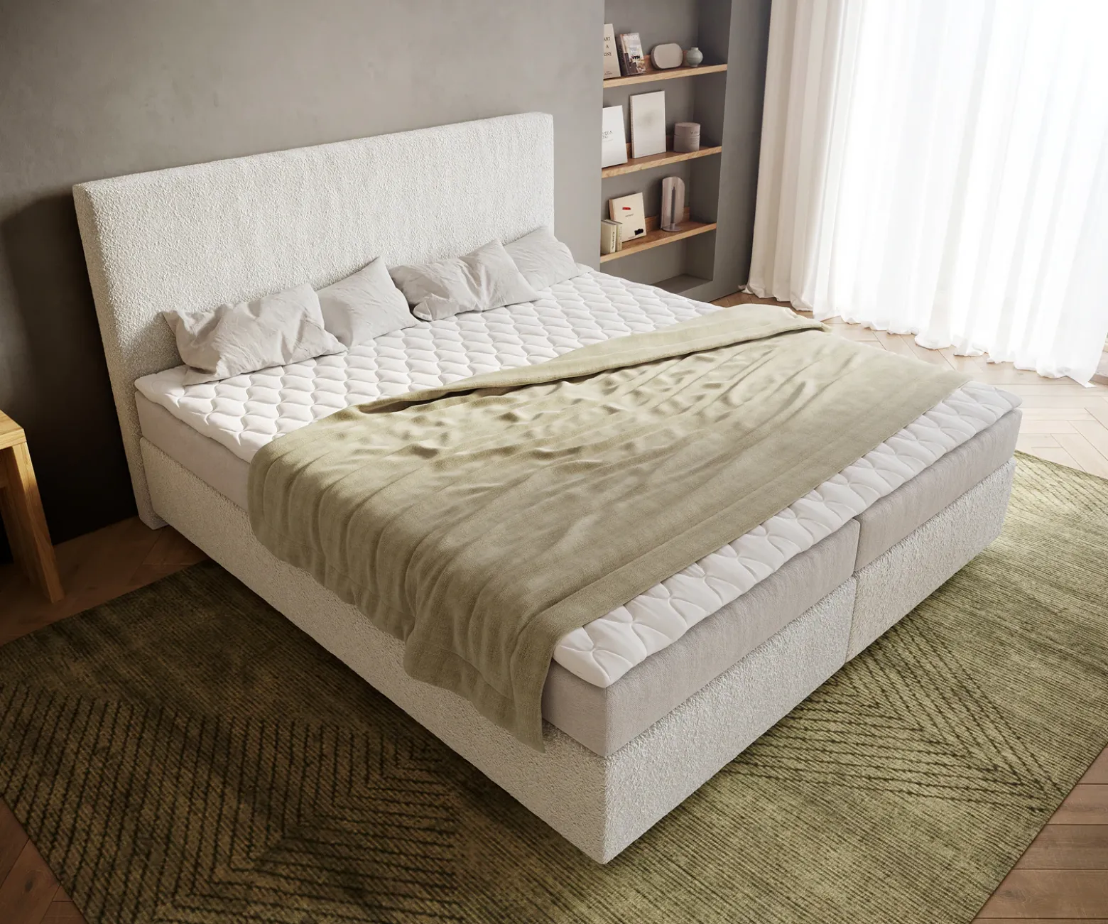 BoxspringbettDream-Well 180x200 cm Bouclé Creme-Weiß mit Matratze und Topper Sofort versandfertig