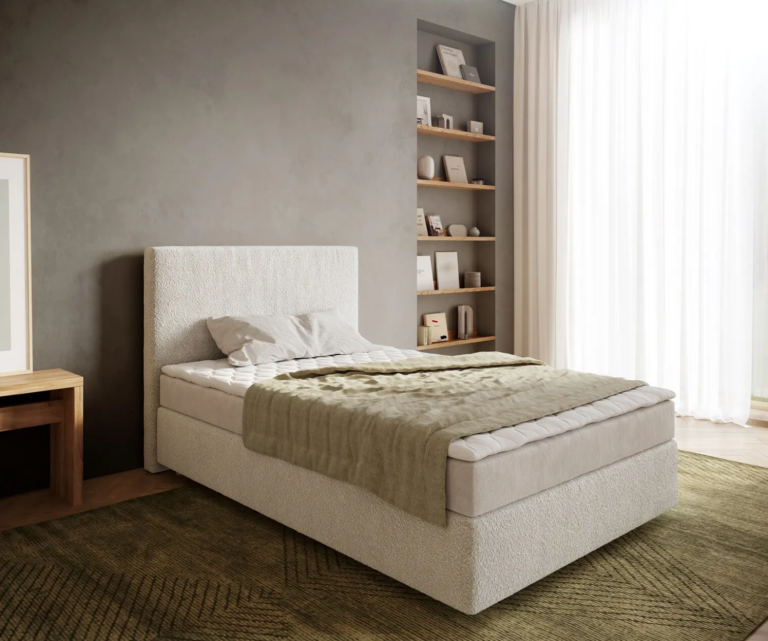 BoxspringbettDream-Well 120x200 cm Bouclé Creme-Weiß mit Matratze und Topper Sofort versandfertig