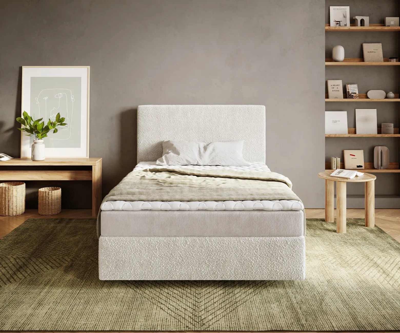 BoxspringbettDream-Well 120x200 cm Bouclé Creme-Weiß mit Matratze und Topper Sofort versandfertig