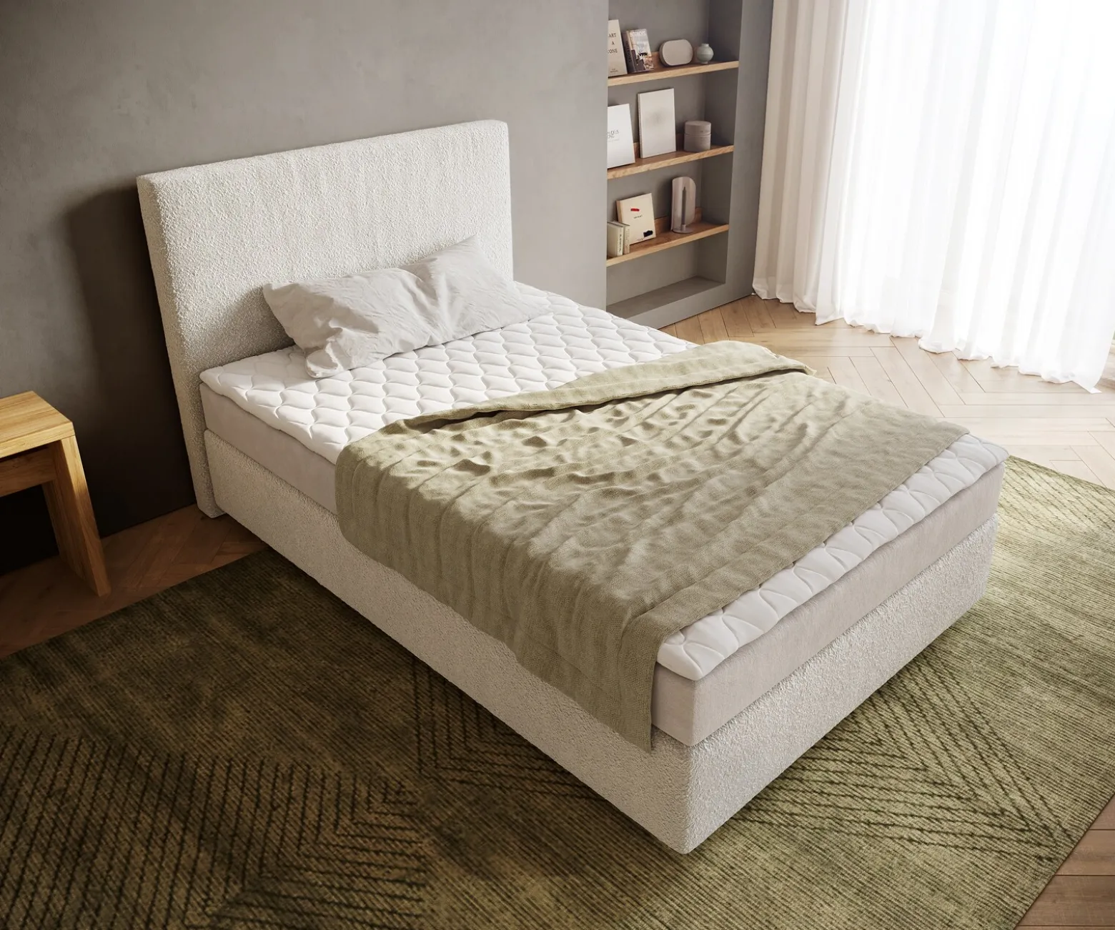 BoxspringbettDream-Well 120x200 cm Bouclé Creme-Weiß mit Matratze und Topper Sofort versandfertig