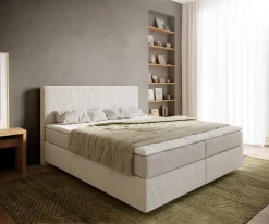 BoxspringbettDream-Well 180x200 cm Bouclé Creme-Weiß mit Taschenfederkernmatratze und Topper Visco Sofort versandfertig