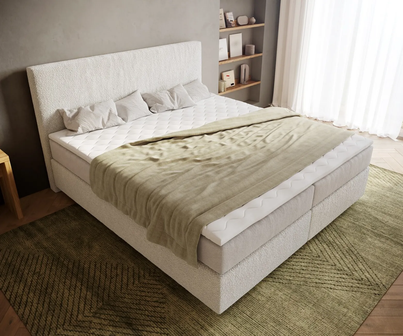 BoxspringbettDream-Well 180x200 cm Bouclé Creme-Weiß mit Taschenfederkernmatratze und Topper Visco Sofort versandfertig