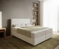 BoxspringbettDream-Well 160x200 cm Bouclé Creme-Weiß mit Taschenfederkernmatratze und Topper Visco Sofort versandfertig