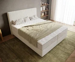 BoxspringbettDream-Well 160x200 cm Bouclé Creme-Weiß mit Taschenfederkernmatratze und Topper Visco Sofort versandfertig