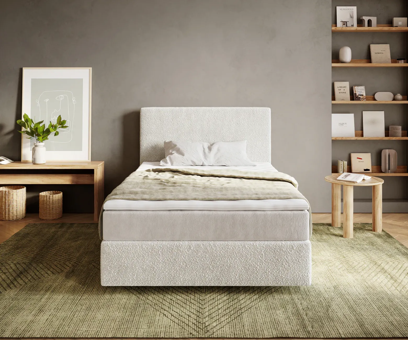 BoxspringbettDream-Well 120x200 cm Bouclé Creme-Weiß mit Taschenfederkernmatratze und Topper Visco Sofort versandfertig