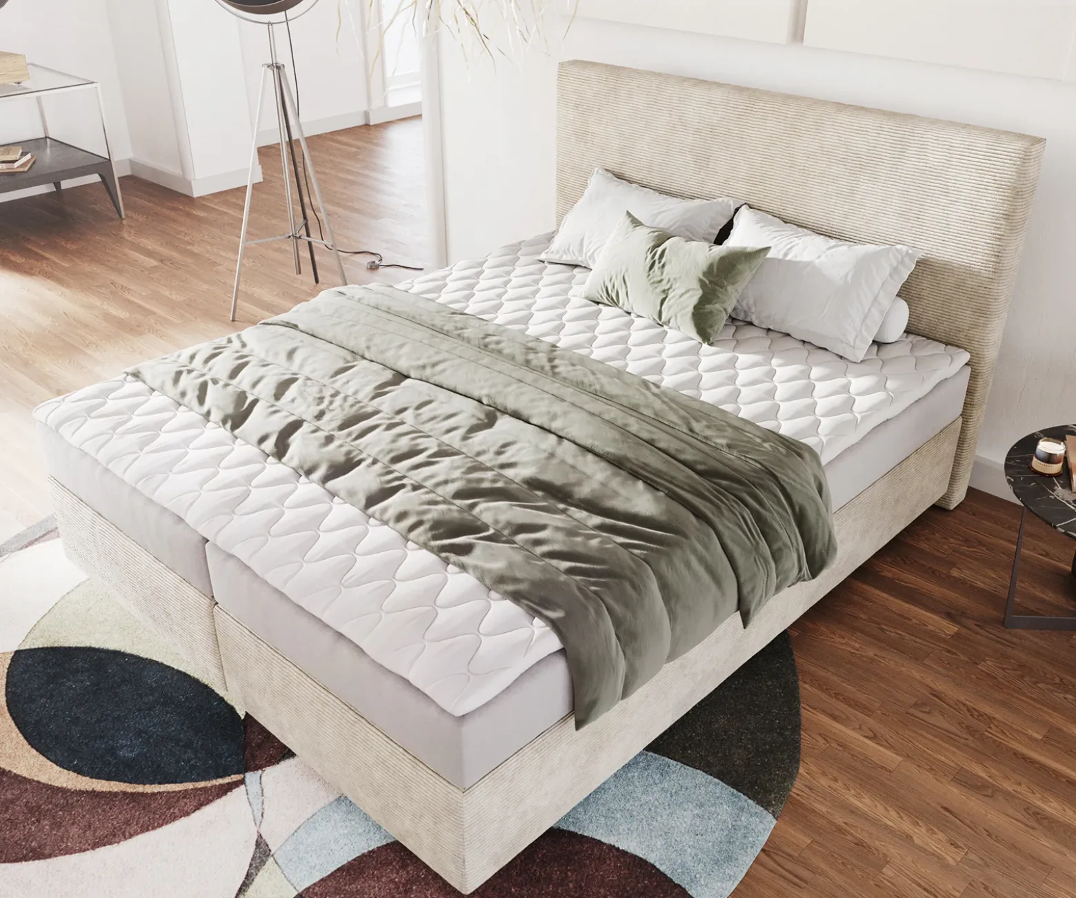 BoxspringbettDream-Well 160x200 cm Cord Beige mit Matratze und Topper Sofort versandfertig