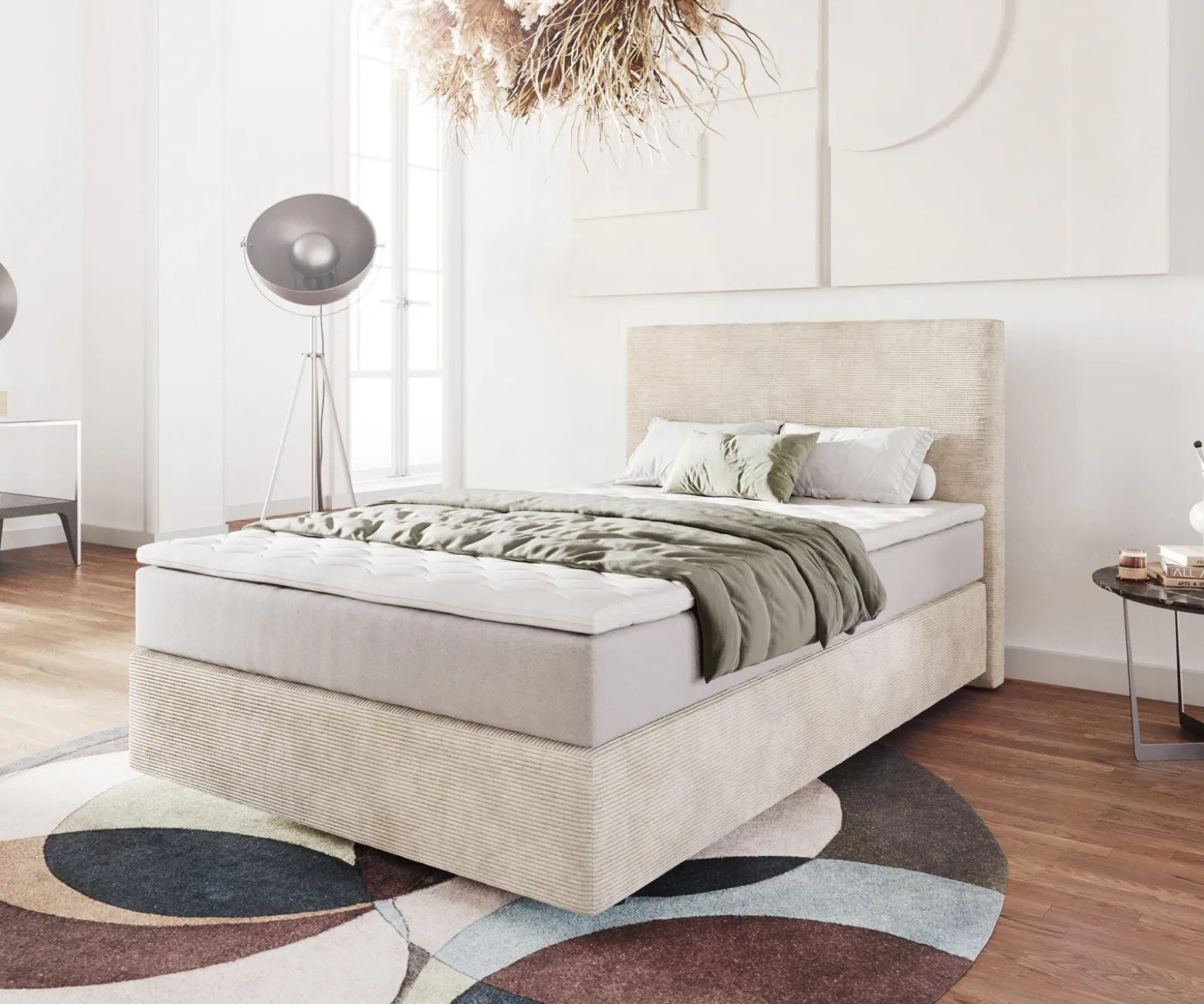 BoxspringbettDream-Well 120x200 cm Cord Beige mit Taschenfederkernmatratze und Topper Visco Sofort versandfertig
