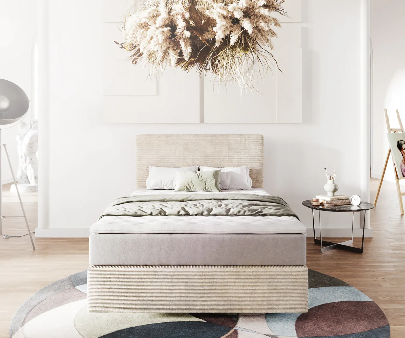 BoxspringbettDream-Well 120x200 cm Cord Beige mit Taschenfederkernmatratze und Topper Visco Sofort versandfertig