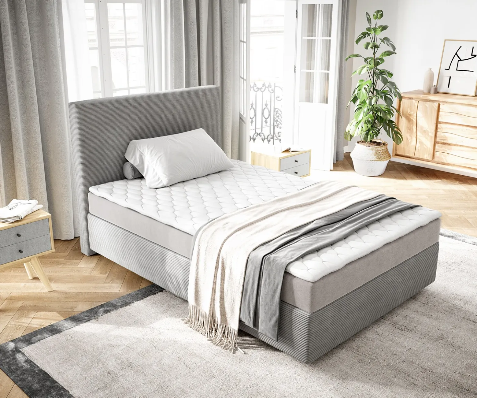 BoxspringbettDream-Well 120x200 cm Cord Silbergrau mit Matratze und Topper Sofort versandfertig