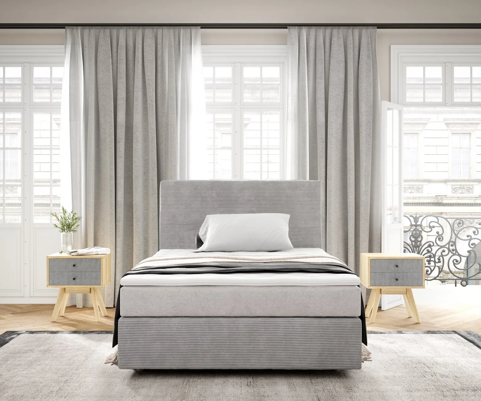 BoxspringbettDream-Well 120x200 cm Cord Silbergrau mit Taschenfederkernmatratze und Topper Visco Sofort versandfertig