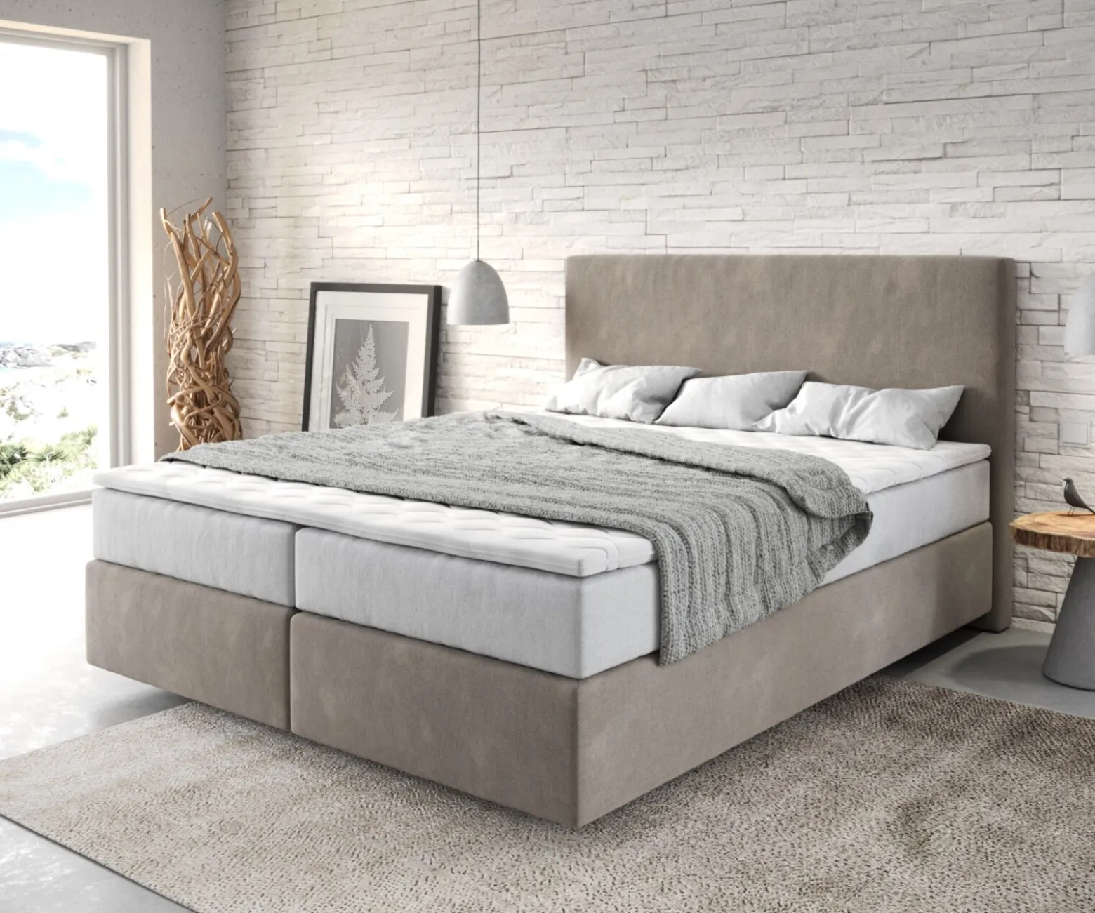 BoxspringbettDream-Well 160x200 cm Mikrofaser Beige mit TFK Matratze und Visco Topper Sofort versandfertig