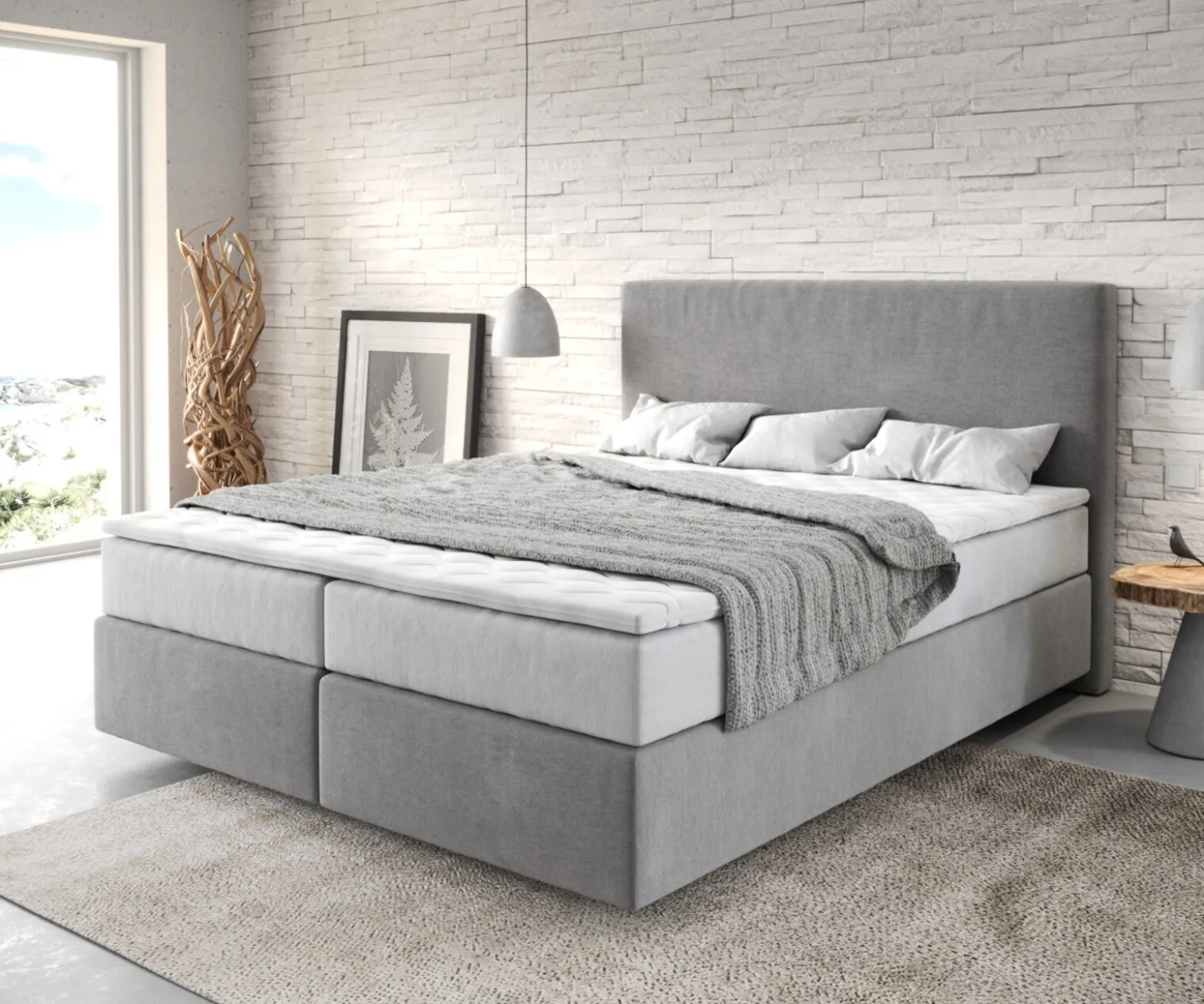 BoxspringbettDream-Well 160x200 cm Mikrofaser Grau mit TFK Matratze und Visco Topper Sofort versandfertig