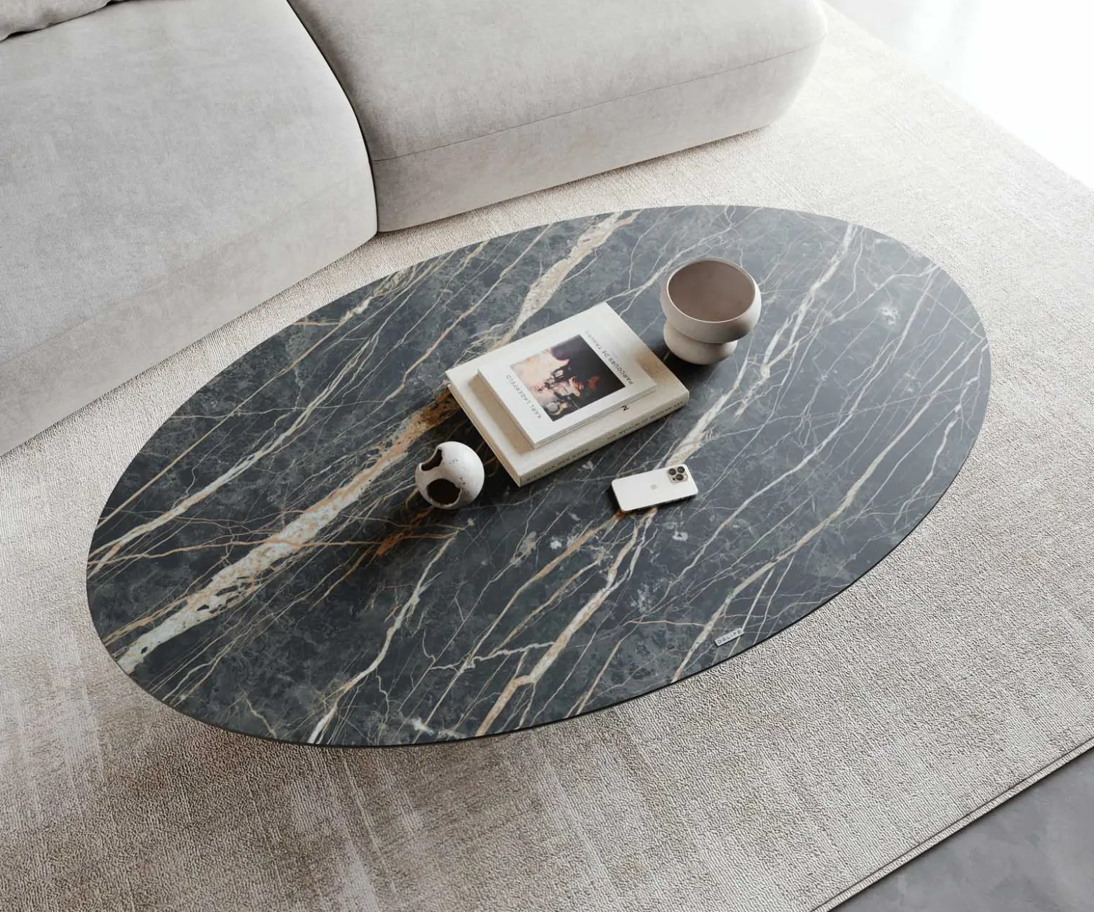 CouchtischCasilda 150x90 cm Keramik Laminam®Noir Desir Braun Mittelfuß Effektfinish Titan Sofort versandfertig