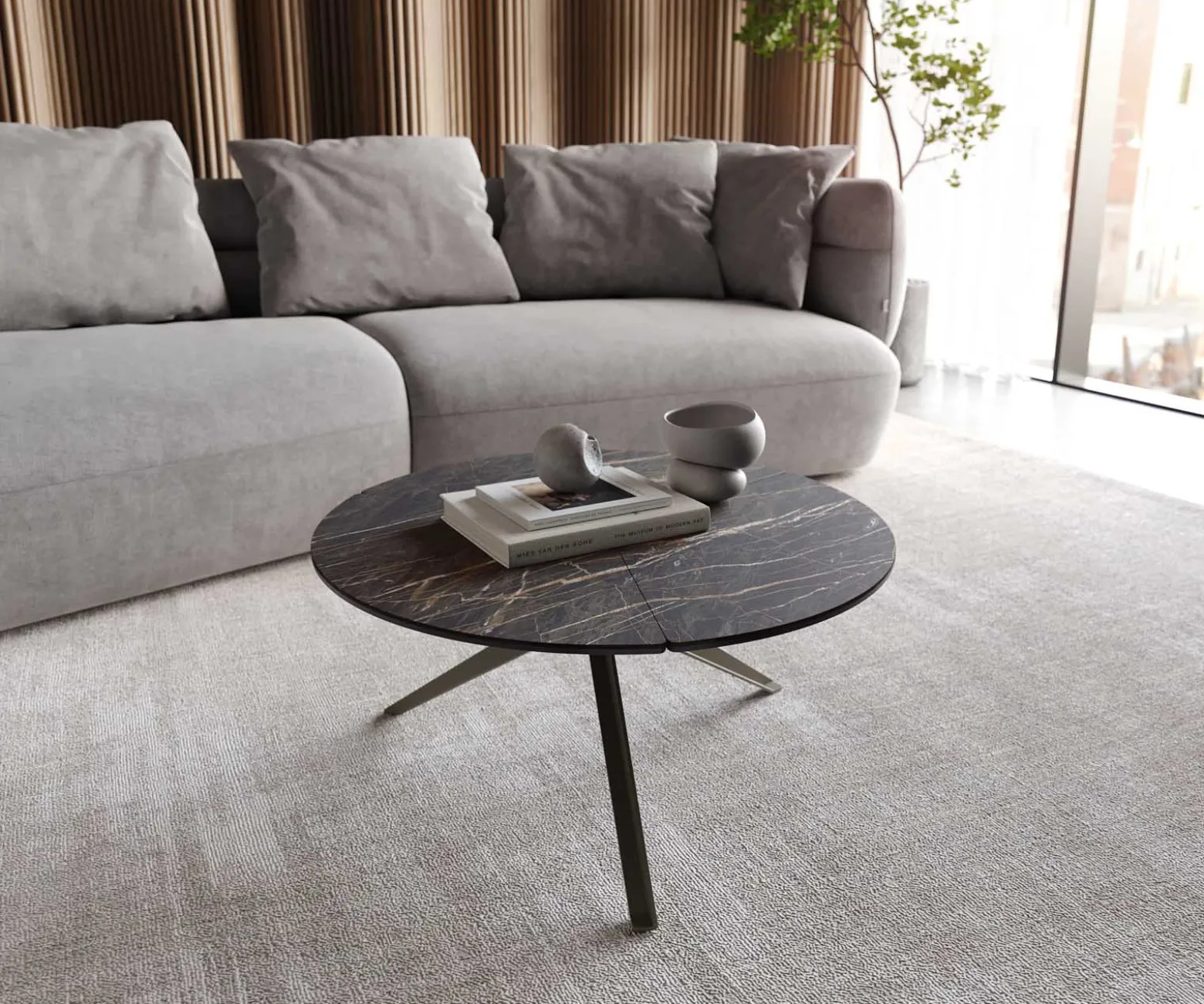 CouchtischDelron 70x70 cm Keramik Laminam®Noir Desir Braun Kreuzfuß Flach Metall Effektfinish Titan Sofort versandfertig