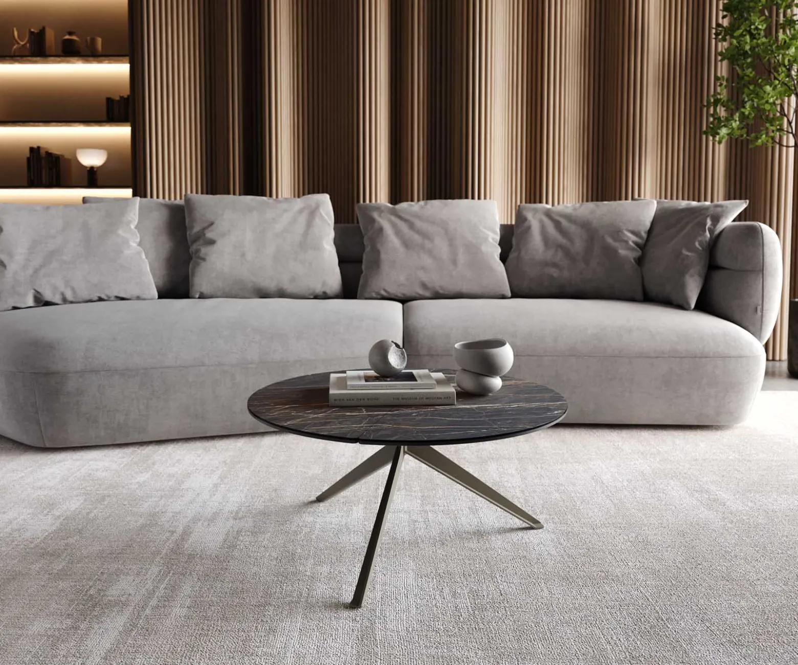 CouchtischDelron 70x70 cm Keramik Laminam®Noir Desir Braun Kreuzfuß Flach Metall Effektfinish Titan Sofort versandfertig