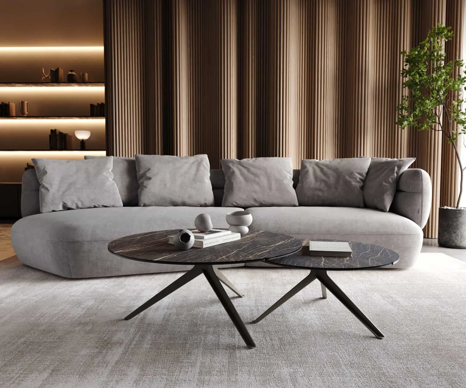 CouchtischDelron 70x70 cm Keramik Laminam®Noir Desir Braun Kreuzfuß Flach Metall Effektfinish Titan Sofort versandfertig
