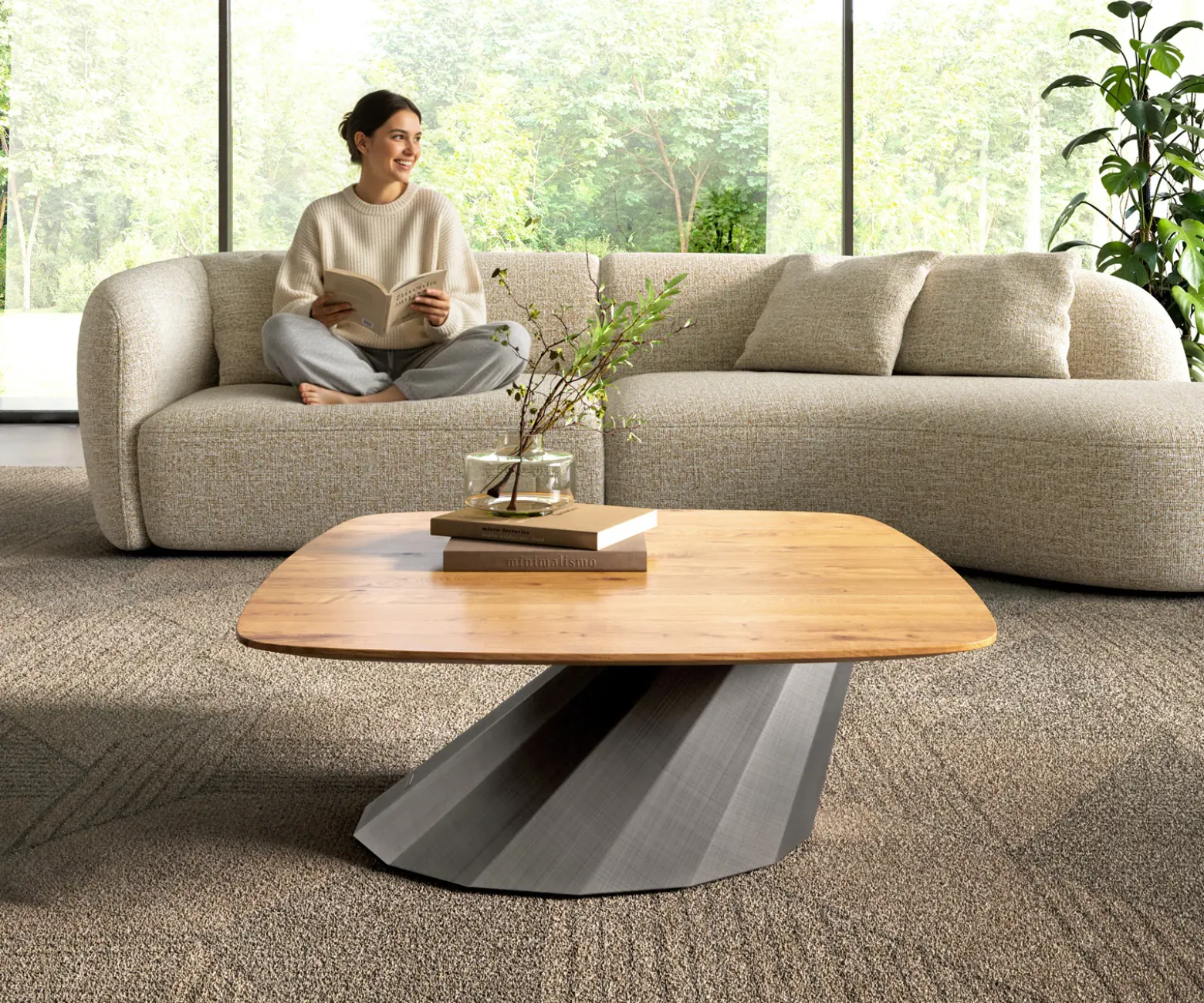 CouchtischEdge Boot 90x90 cm Eiche Natur Schweizer Kante Parabi Metallic Silber Sofort versandfertig