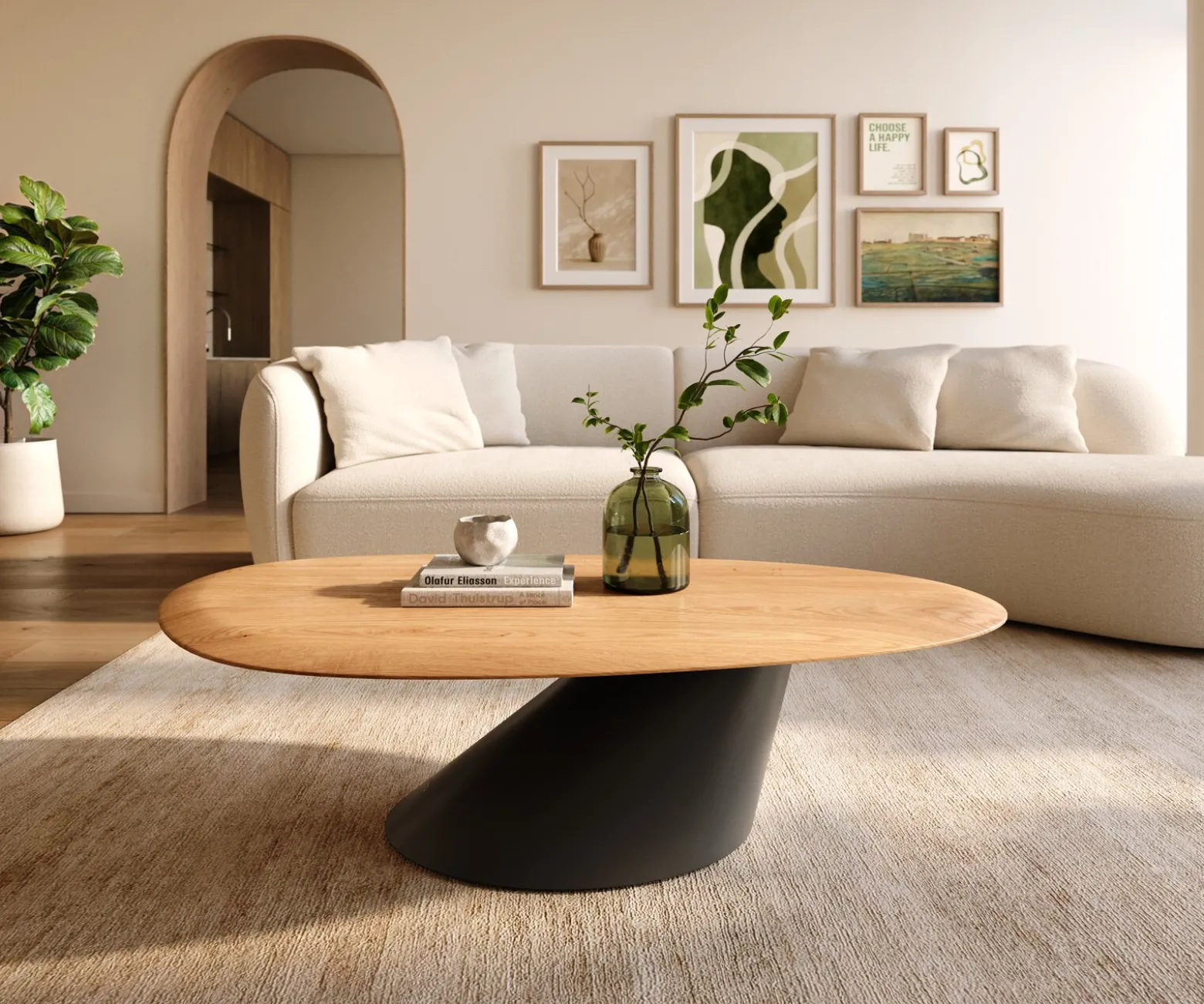 CouchtischEdge Oval 140x75 cm Eiche Natur Runde Kante Conis Metall Schwarz Versandfertig ca. 25.11.26