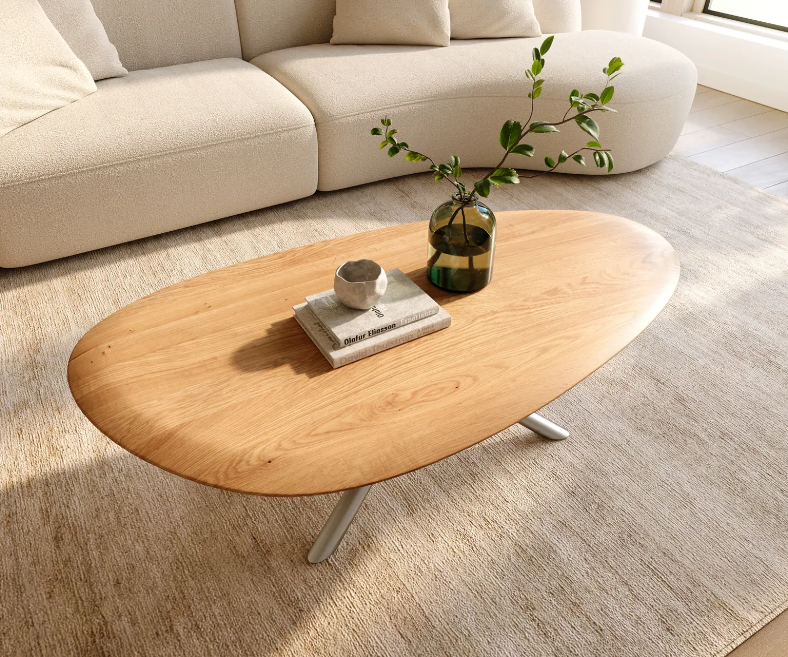CouchtischEdge Oval 140x75 cm Eiche Natur Runde Kante Sarity Edelstahl gebürstet Sofort versandfertig