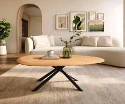 CouchtischEdge Oval 140x75 cm Eiche Natur Runde Kante Sarity Metall Schwarz Sofort versandfertig