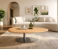 CouchtischEdge Oval 140x75 cm Eiche Natur Runde Kante Vibany Edelstahl gebürstet Sofort versandfertig